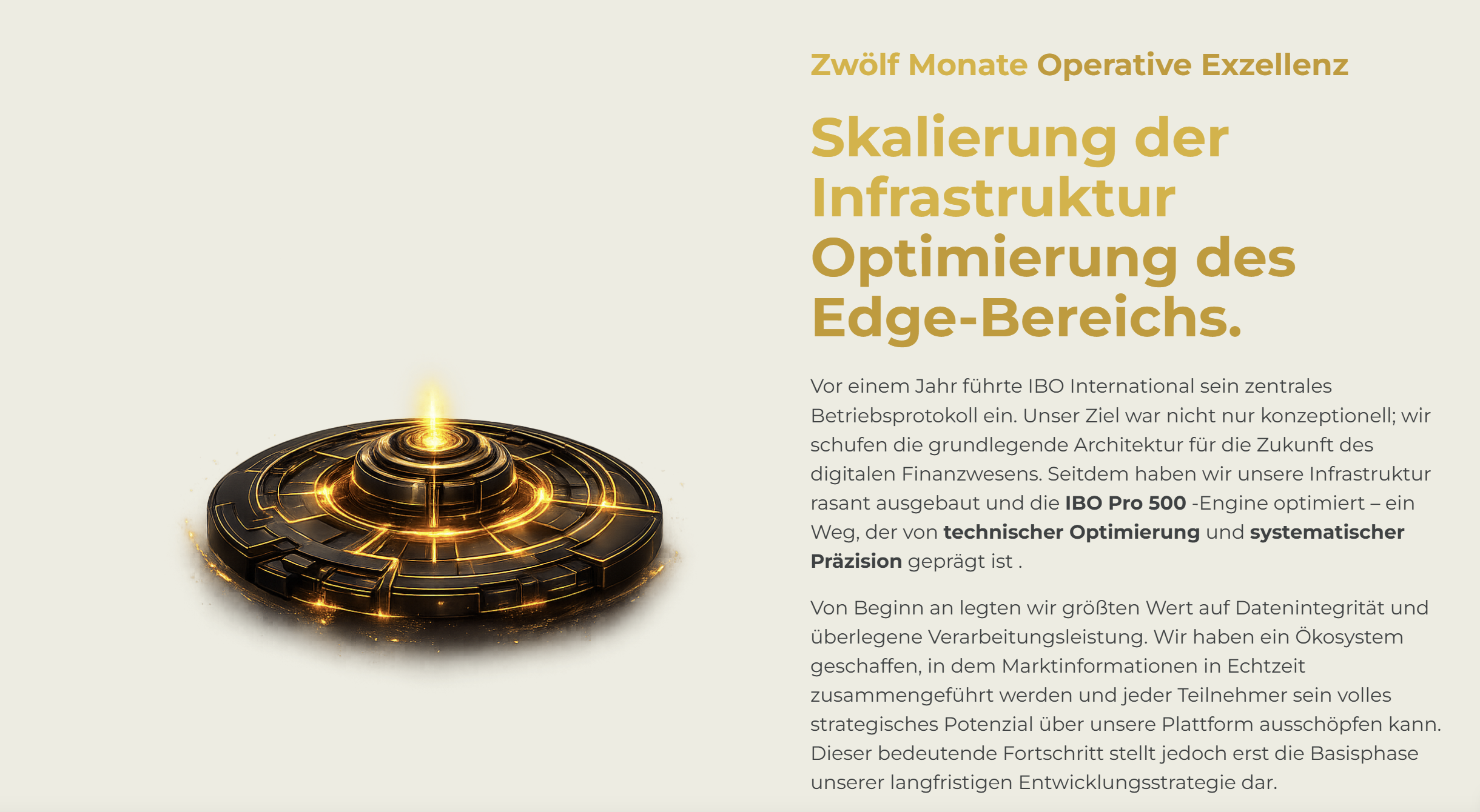 Darstellung der technischen Infrastruktur von IBO International mit Fokus auf Plattformskalierbarkeit und Datenverarbeitung.