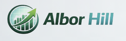Albor Hill logo: circular badge with a rising green arrow over a bar chart, beside the dark green/teal 'Albor Hill' text.